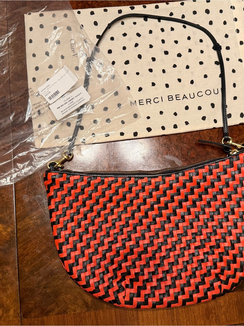 NWT Clare V Lune Bag in Black / Bright Poppy Woven Zig Zag Leather - Picture 7 of 10